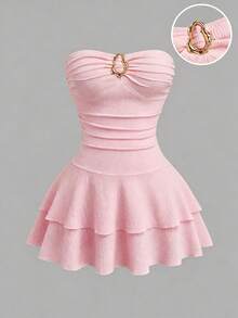 Sweetra Vestido mini elegante sin tirantes con textura de capas tipo pastel para mujer talla grande - Rosa - Ver 1