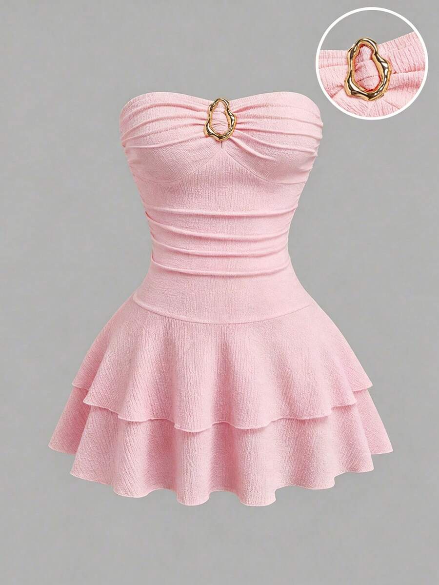 Sweetra Vestido mini elegante sin tirantes con textura de capas tipo pastel para mujer talla grande - Rosa - Ver 1