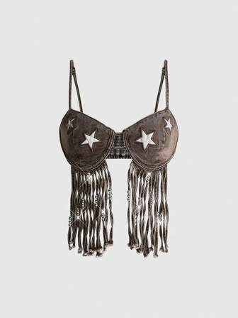 Grunge Punk Y2K Millennium Retro Musikfestival Quasten Stern Applikation Denim Träger Top