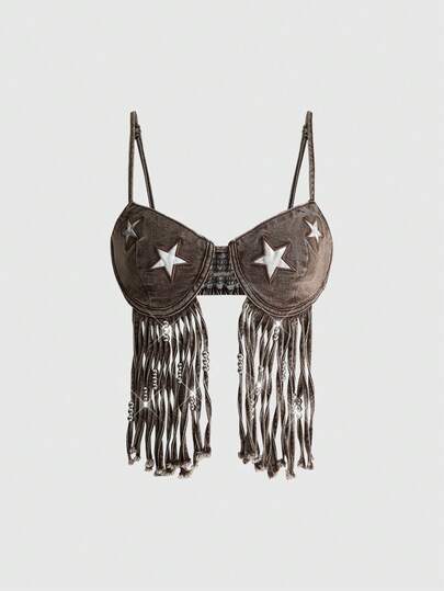 Grunge Punk Y2K Millennium Retro Musikfestival Quasten Stern Applikation Denim Träger Top