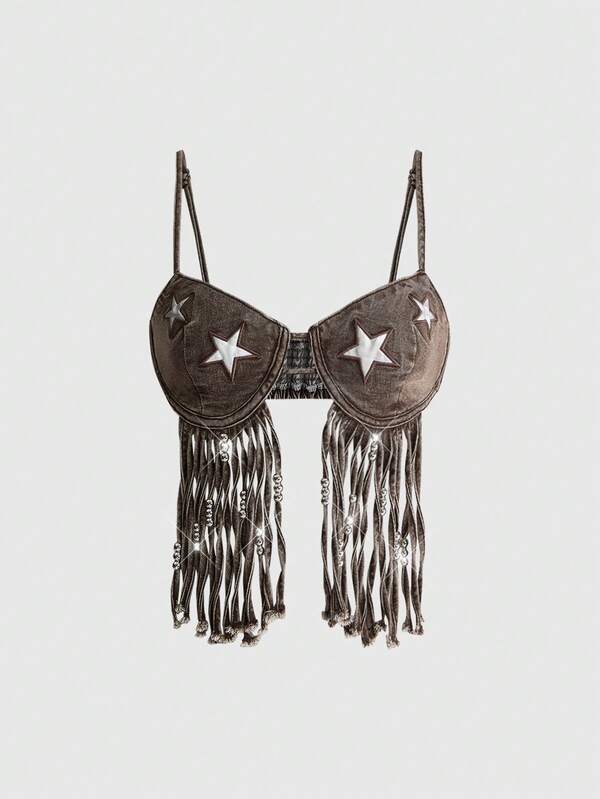 ROMWE Grunge Punk Y2K Millennium Retro Music Festival Tassel Star Applique Denim Suspender Top