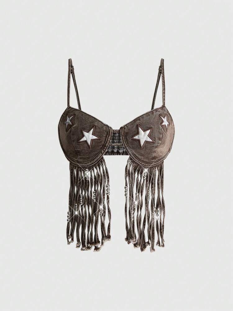 ROMWE Grunge Punk Y2K Sexy Millennium Retro Music Festival Tassel Star Applique Denim Suspender Top Party Dark Grey Summer - Brown - View 1