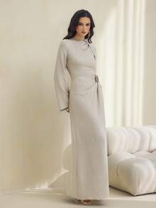 SHEIN Tall 女款純色扭結設計前襟金屬扣裝飾喇叭袖長袖洋裝 - 米色 - 查看 8