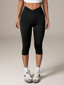 SHEIN PETITE Women's Solid Color V-Waist Elastic Skinny Pants - Black - View 6