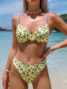Swim Vcay Conjunto de Bikini Sexy con Estampado Floral, Aros, Fruncido y Tirantes Finos para Vacaciones de Verano - Multicolor - Ver 4