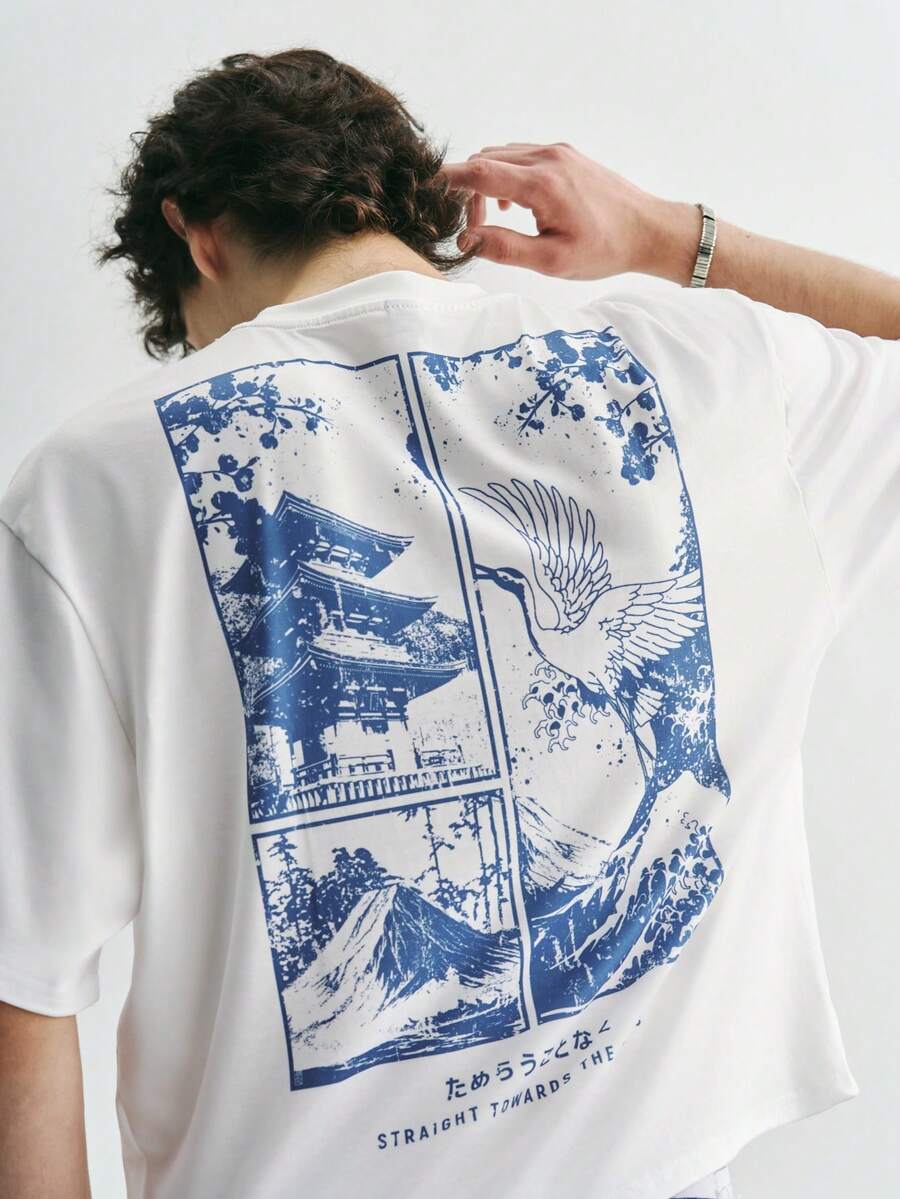 Sonviro 街头风格原创蓝色日本仙鹤与浮世绘风景印花短款 T 恤男士短款上衣图案 T 恤街头服饰、男士短款图案衬衫、男士宽松图案 T 恤、男士超大号短款印花 - 白色 - 查看 1