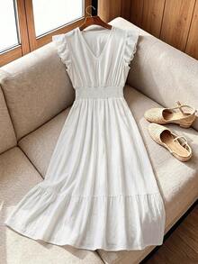 Rusticease Women's Solid Color V-Neck Flutter Sleeve Dress For Vacation Summer Dress Going Out Outfits - White - View 5