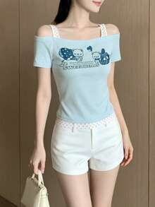INAWLY Japanese Sweet Cute Soft Girl Dessert Rabbit Light Blue Camisole 2 In 1 Short Sleeve T-Shirt Top Everyday Going Out Summer - Baby Blue - View 3