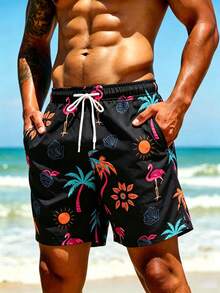 Manfinity Swimmode Plus Size Men's Colorful Printed Casual Beach Shorts, Holiday - Black - View 2