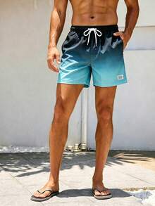 Naviga Onda Men's Vacation Letter Patched Gradient Drawstring Waist Beach Shorts, Holiday - Black - View 6
