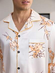 CoupledUp British Style Floral Print Satin Patch Pocket Front Button Long Sleeve Pants Men's Pajama Set Loungewear Set - White - View 4