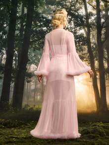 PinupPomp Women Robes Berikat Kontras Mesh Ruffle Hem Sheer Plain - Baby Pink - View 3