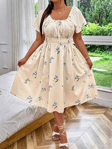SHEIN MOOSTA Gaun Liburan Kasual Motif Bunga Ukuran Besar - Khaki - View 6