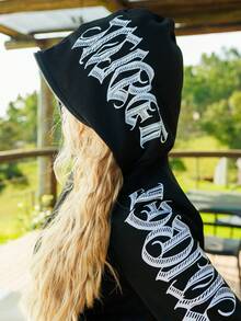 Bela Noronha Women Gothic Font Cropped Zip Front Hoodie Sweatshirt,Black White,Fall Winter,Streetwear, Style,Back To School Pullover Fall,Teacher Graduation Casual - Black - View 6