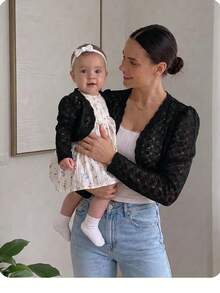 SHEIN Chaqueta/Abrigo de manga larga con mangas apiladas, tejido simple y lindo para niña bebé, para otoño/invierno - Negro - Ver 4