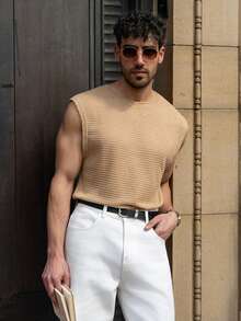 YOUESAWY YOUESAWY Men Summer Leisure Solid Color Wide Strap Tank Top - Camel - View 1