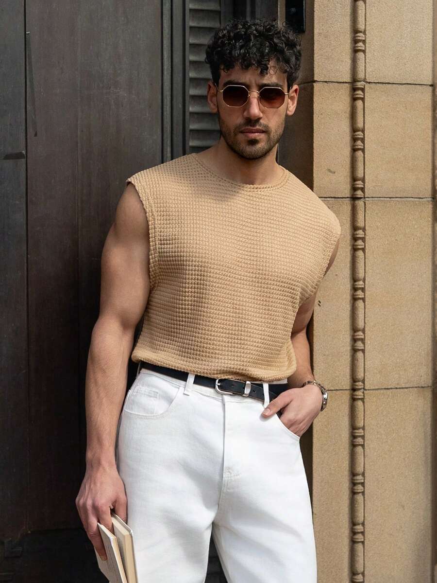YOUESAWY YOUESAWY Men Summer Leisure Solid Color Wide Strap Tank Top - Camel - View 1