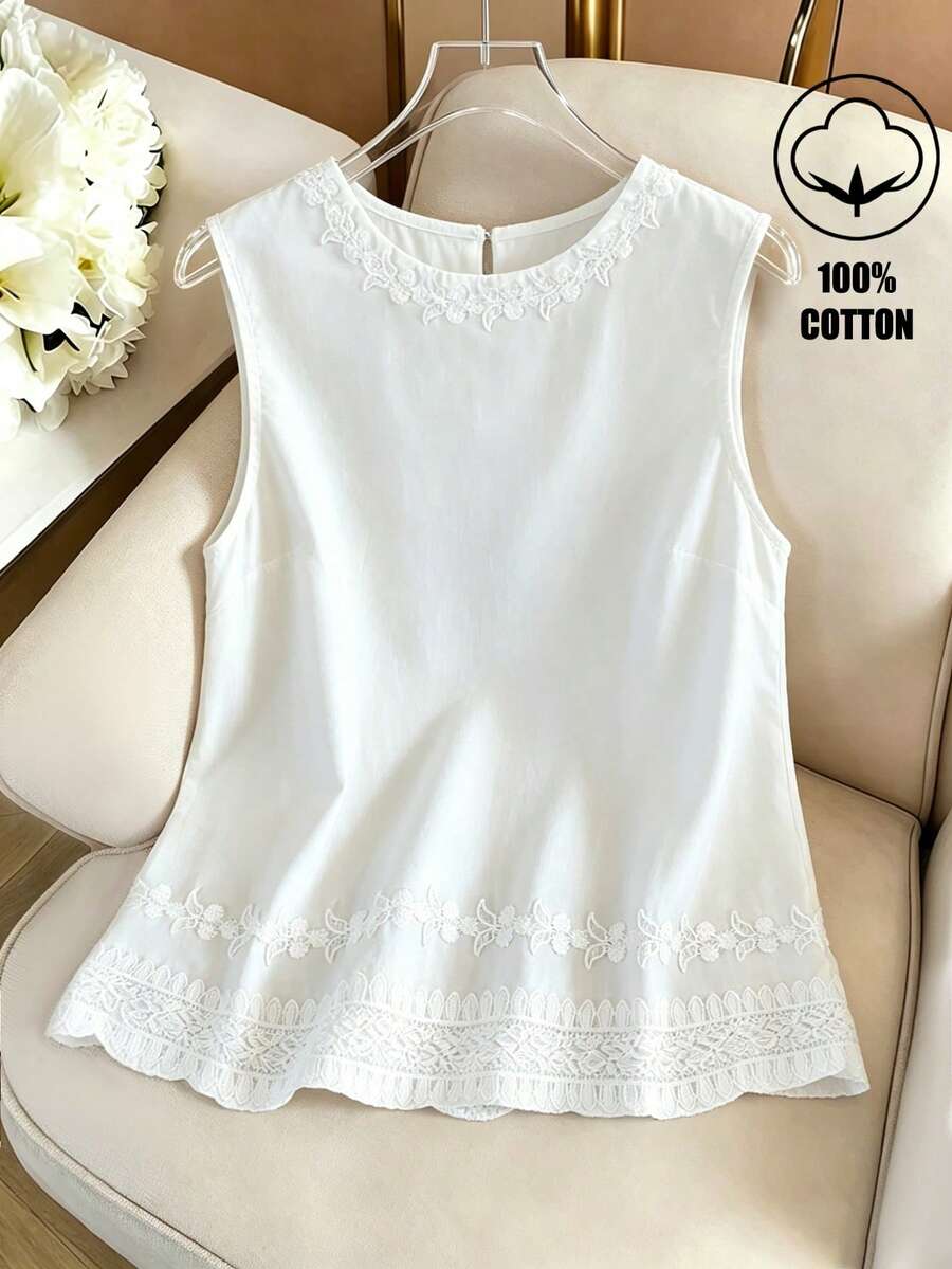 GlowEve Lace Patchwork Sleeveless Round Neck Blouse For Women, Vacation - White - View 1