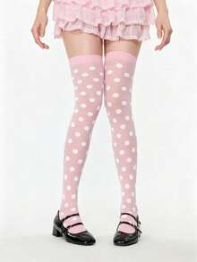 ROMWE Kawaii 1雙可愛白色波點粉色膝上襪 - 粉白兩色 - 查看 1