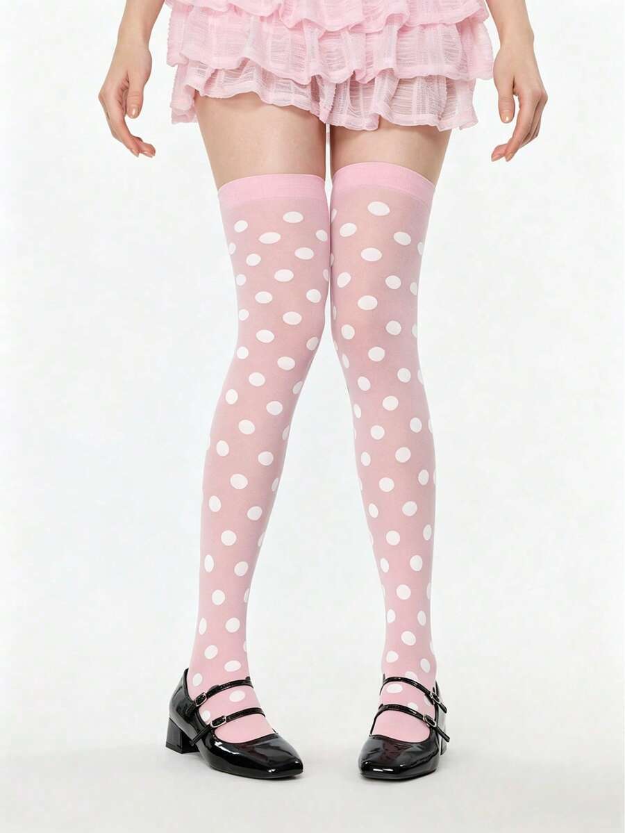 ROMWE Kawaii 1雙可愛白色波點粉色膝上襪 - 粉白兩色 - 查看 1