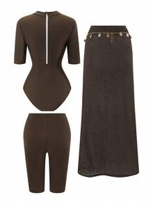 SHEIN Swim 3 PiecesWomen's Casual Vacation Swimsuit Set With 3/4 Sleeve One-Piece - Brown - View 2