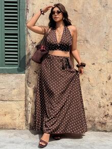 Vionelle Spring/Summer Plus Size Women's Brown Halter Top Tie Waist A-Line Skirt Date Night Vacation Gentle Boho 1950s Vintage 90s 70's 80s Casual Beach Party - Multicolor - View 4