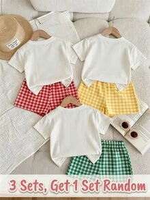 SHEIN 1 Set [Acak 3 Set, Kirim 1 Set] Set Kasual Sehari-hari Anak Perempuan Motif Bunga Lengan Pendek dan Celana Pendek, Cocok untuk Musim Panas, Set Motif Buah Kotak-kotak untuk Anak Perempuan - MultiWarna - View 2