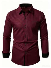 Manfinity Mode Men's Plaid Single-Breasted Business Travel Long Sleeve Shirt - Burgundy - View 3