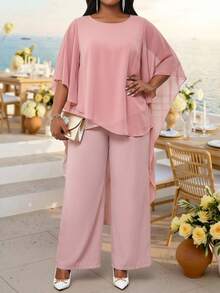 Fleurora Plus Size Solid Color Round Neck Poncho Top And Casual Elegant Long Pants 2 Pieces Set Wedding Dusty Pink Summer - Pink - View 1