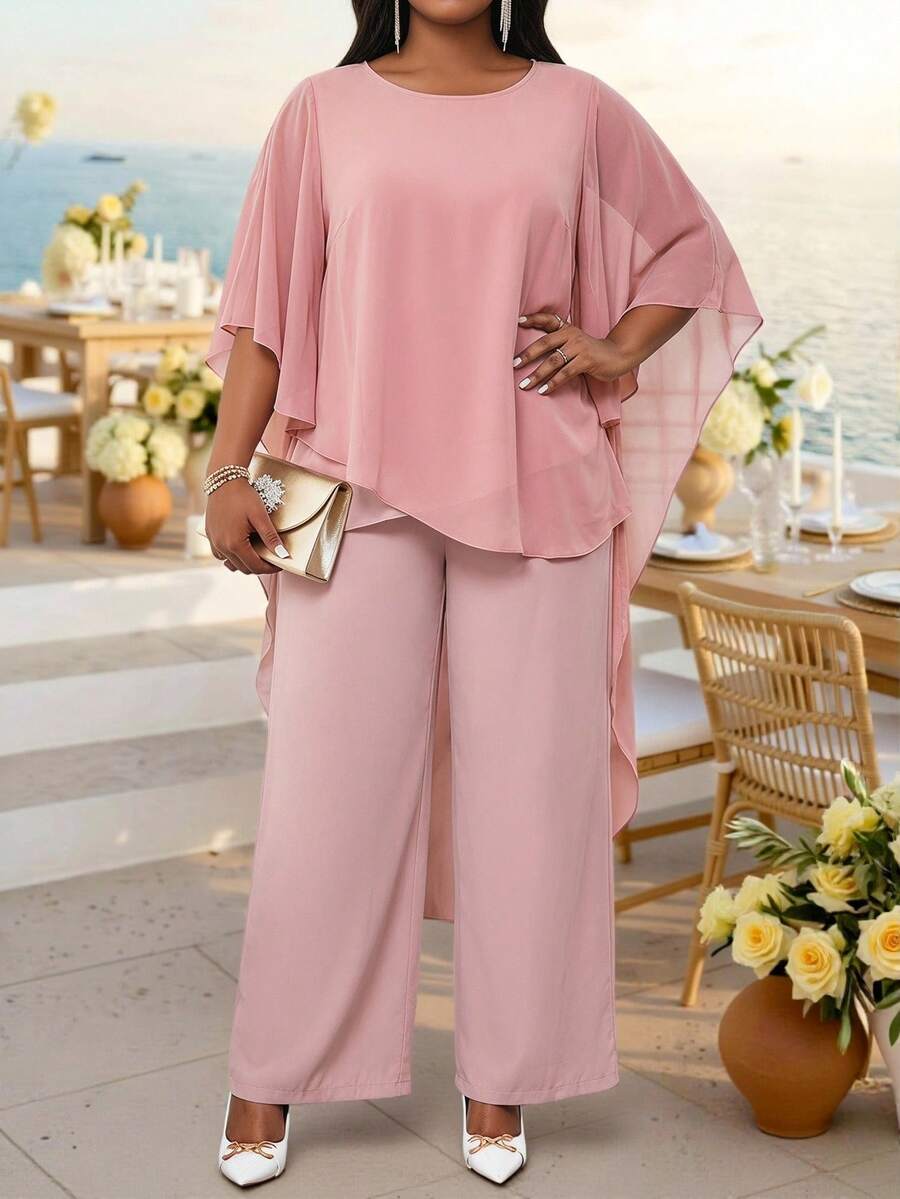 Fleurora Plus Size Solid Color Round Neck Poncho Top And Casual Elegant Long Pants 2 Pieces Set Wedding Dusty Pink Summer - Pink - View 1
