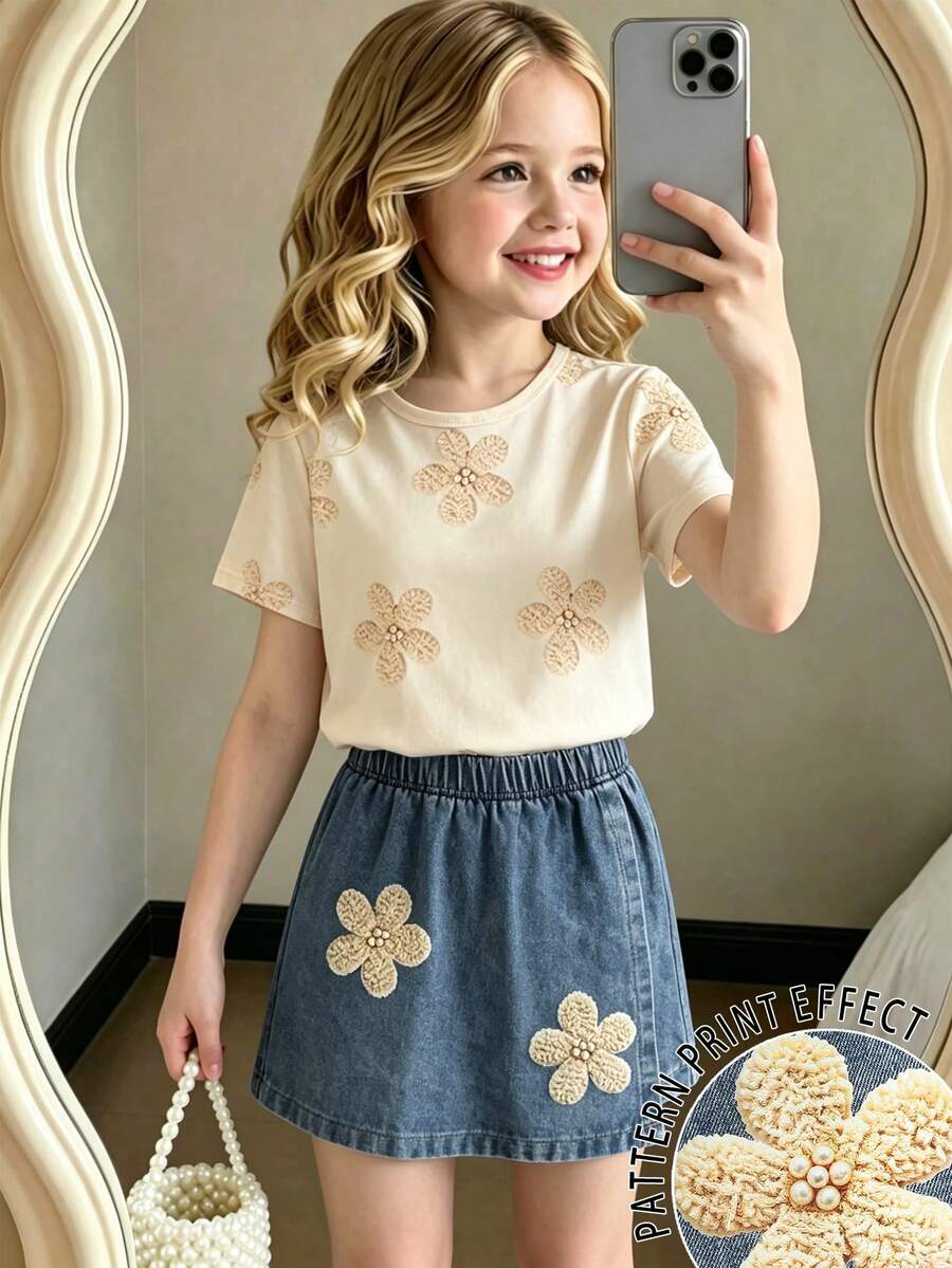 SHEIN Genkimix Kids 返校季:可愛休閒短袖上衣搭配花卉與珍珠印花,配上牛仔裙,打造充滿活力與朝氣的造型。非常適合夏季、休閒、可愛與復古風格。 - 杏色 - 查看 1