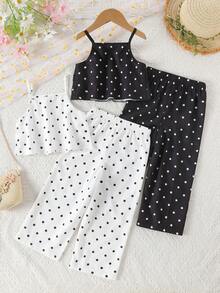 SHEIN Elladie kids 春夏女童 4 件套黑白波點細肩帶背心與寬腿褲套裝，適合日常穿著、週末出遊、家庭聚會等多種場合 - 黑與白 - 查看 3