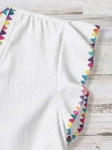 EMERY ROSE Plus Size Vacation Casual Contrast Trim Flutter Sleeve Blouse - White - View 3
