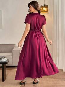 Vionelle Plus Size Women's Summer New Elegant Romantic Short Sleeve Dress, V-Neck, Slit Dress, Ruched Bust, Suitable For Dating, Afternoon Tea Outfit, Exquisite Elegant, Romantic Streetwear - Burgundy - View 3