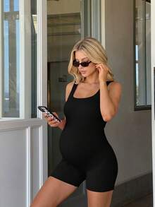 SHEIN 孕婦純色休閒日常運動連身褲 - 黑色 - 查看 4