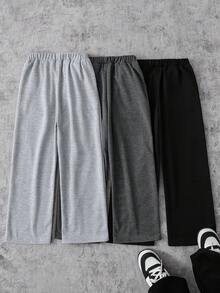 3件組青少年男孩高街時尚純色針織直筒長褲，新穎時尚，舒適面料，適合多樣穿搭，夏季新品，四季皆宜 - 彩色 - 查看 2