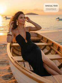 CAJUNI Women's Colorblock Vacation Side Slit Hem Sexy Halter Neck Dress - Black - View 7