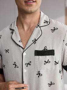 CoupledUp Men's Striped Bow-Print Pajama Set, Stylish Collared Short-Sleeved Color-Blocked Loungewear - Grey - View 6