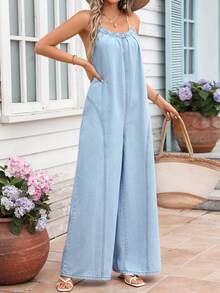 Breezaya Women's Loose Wide Leg Casual Denim Jumpsuit For Vacation Beach Light Blue Summer - Blue - View 4
