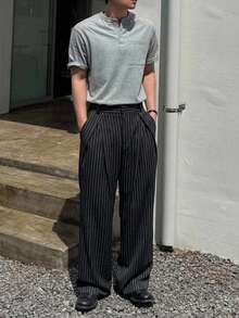 DAZY Black Striped Fabric Pleated Curved Leg Men's Suit Pants - Black - View 5
