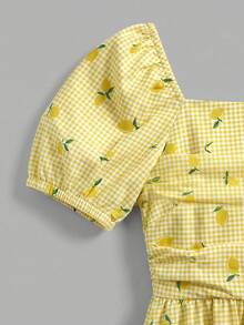 SHEIN Girlism Teen Girl Spring & Summer White Base Cherry Blossom Print Puff Sleeve Chest Ruched Waist Ruched A-Line Midi Dress, Elegant Floral, Luxurious Holiday - Yellow - View 4