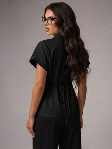 Avenya Metal Decor Elegant Blouse, Ruffle Design Slim Fit For Women - Black - View 2