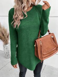 SHEIN 秋冬休閒百搭純色側開衩綁帶毛衣 - 軍綠色 - 查看 3