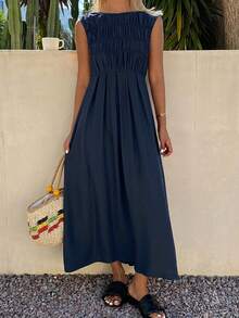 Livesso Summer Autumn June Festival Square Neck Sleeveless Ruched Waist Solid Navy Blue Full Skirt Midi Dress For Women Vacation Vacation Casual Modest - Navy Blue - View 6