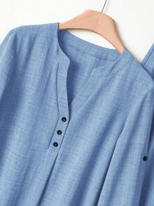 Rusticease Women's Notch V-Neck Rolled Sleeve Casual Fabric Shirt And Wide Leg Pants Set - Blue - View 3