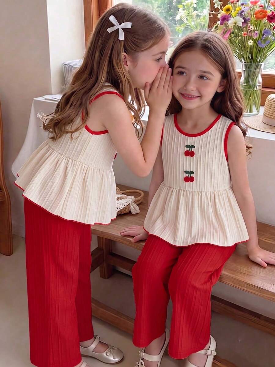 SHEIN Elladie kids 少女夏季海灘度假新款清新田園風精緻櫻桃兩件套杏色拼色裝飾無袖背心上衣 + 紅色寬腿長褲甜美可愛時尚日常穿搭夏季