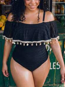 Swim Vcay Plus Size Women Shell Pendant Decor Off-Shoulder One-Piece Swimsuit, Suitable For Beach Holiday, Pool Party, Beach Party Black Summer Boho - Black - View 3
