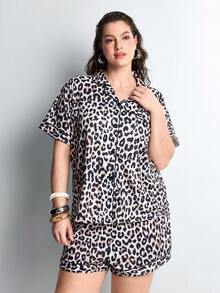 Slumbrini 2pcs Women Pajama Set, Leopard Print, Ladies Homewear, Spring/Summer Holiday Outfit, Short Sleeve Lapel Top And Shorts Can Be Worn Outerwear - Brown - View 3