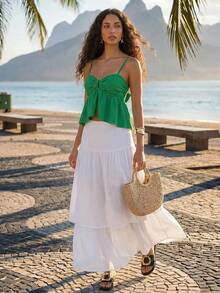 CAJUNI Women's Textured Metal Buckle Pleated Asymmetrical Ruffle Hem Cami Top Beach Green Summer Sexy Tropical Boho - Green - View 3