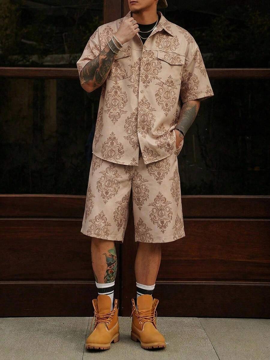 DAZY 男士短袖數位圖案工裝襯衫街頭風 2 件套 夏季 - 卡其色 - 查看 1